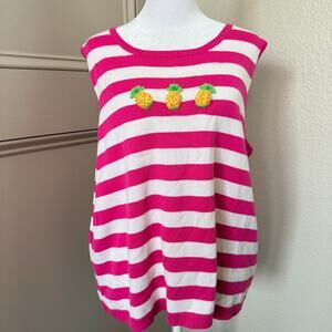 Quacker Factory NWT Pink & White Striped Sleeveless Sweater w/ 3D Pineapples 1X